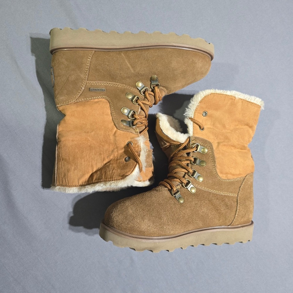 Bearpaw Kayla II Boots Women Size 6 Brown Suede Waterproof Lace Up Faux Fur